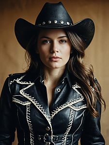 Woman in Leather Cowgirl Costume Cinematic Realism Detailed Portrait