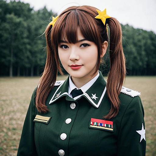 Girls und Panzer Cosplay Woman in Military Uniform with Star Hair Clips