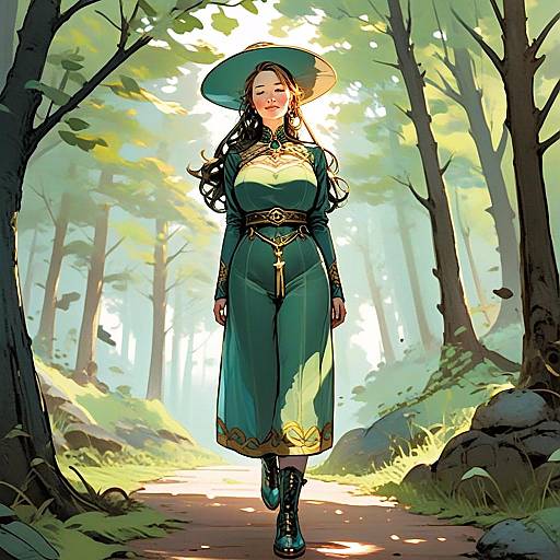 Elegant Woman Walking in Sunlit Forest Anime Illustration