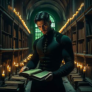Muscular Man Reading Ancient Book in Gothic Candlelit Library