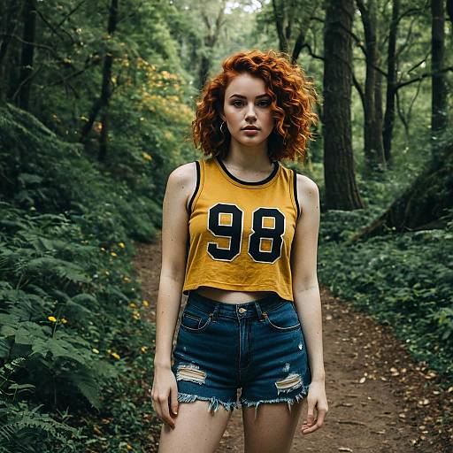 Young Woman in Yellow Crop Top and Denim Shorts on Forest Path