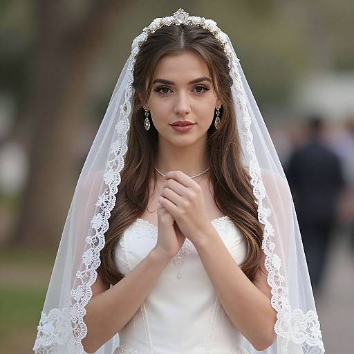 Elegant Bride in White Wedding Dress with Lace Veil