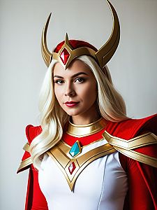 Woman in Realistic She-Ra Cosplay Costume with Gold and Red Armor