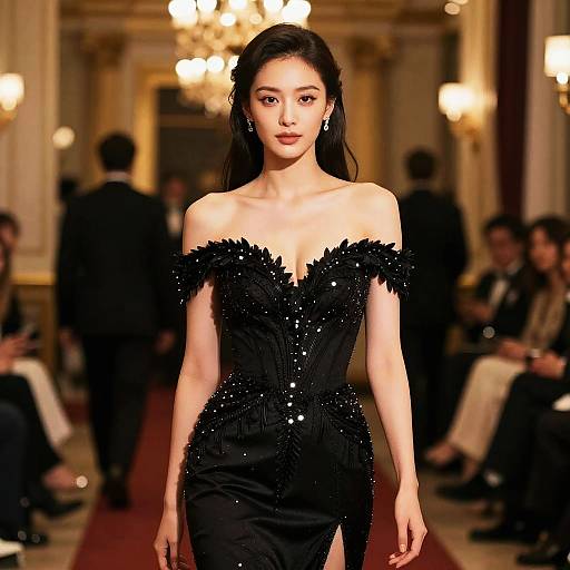 Elegant Woman in Black Off-Shoulder Beaded Gown on Fashion Runway