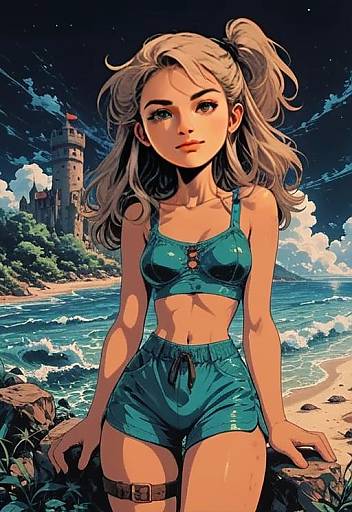Anime Style Young Woman by Coastal Shore with Castle Background