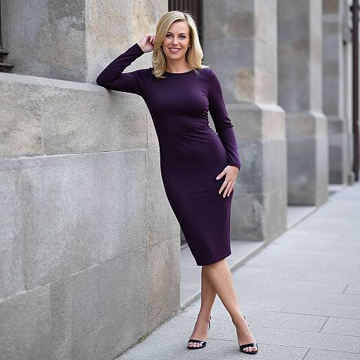 Confident Woman in Elegant Purple Dress Leaning Against Stone Wall