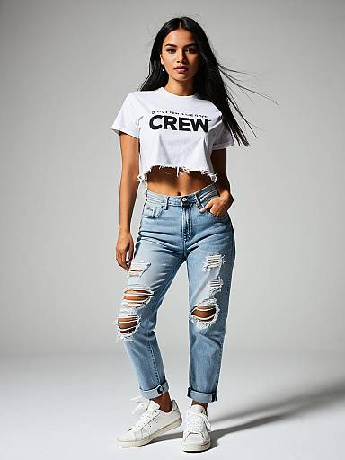 Woman in Casual Streetwear White Graphic T-Shirt and Ripped Jeans