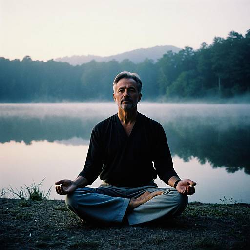 Meditative Man Practicing Yoga by Misty Lake Outdoors