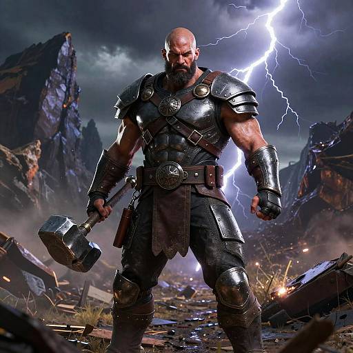 Armored Warrior with Hammer in Stormy Fantasy Battlefield