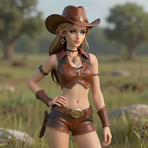 3D Digital Art of Stylish Woman in Modern Cowboy Outfit Outdoors