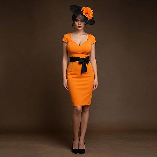 Elegant Woman in Orange Dress with Black Hat and Ribbon