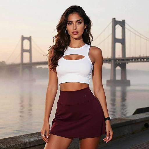 Lean Woman in Contemporary Street Style White Crop Top and Maroon Skirt Outdoors