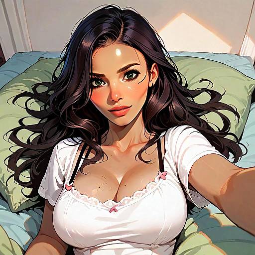 Anime Style Digital Portrait of Woman with Dark Hair on Bed