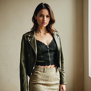 Confident Woman in Olive Leather Jacket and Lace Crop Top Fashion Portrait
