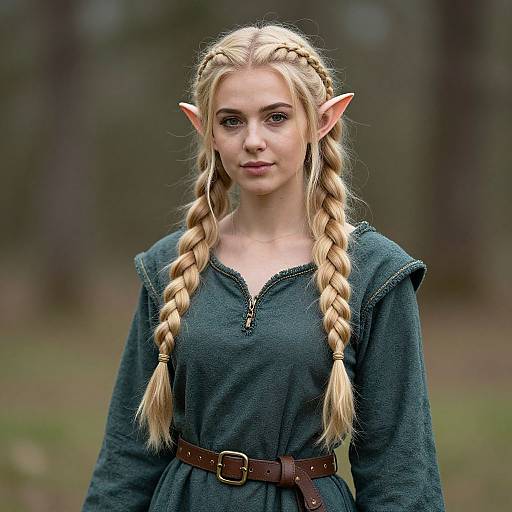 Fantasy Elf Woman in Medieval Green Tunic with Braided Hair