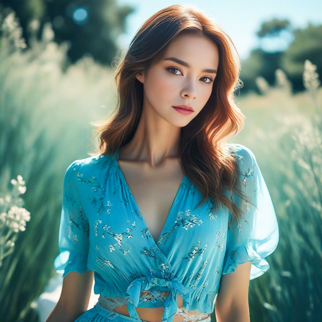 Young Woman in Blue Floral Dress in Sunlit Field Young Woman in Blue Floral Dress in Sunlit Field