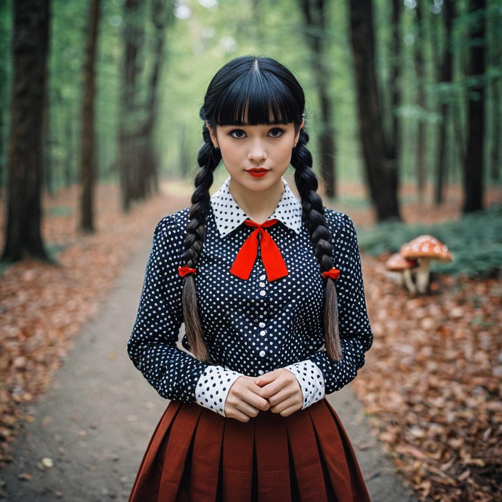 Woman in Vintage Polka Dot Blouse on Autumn Path