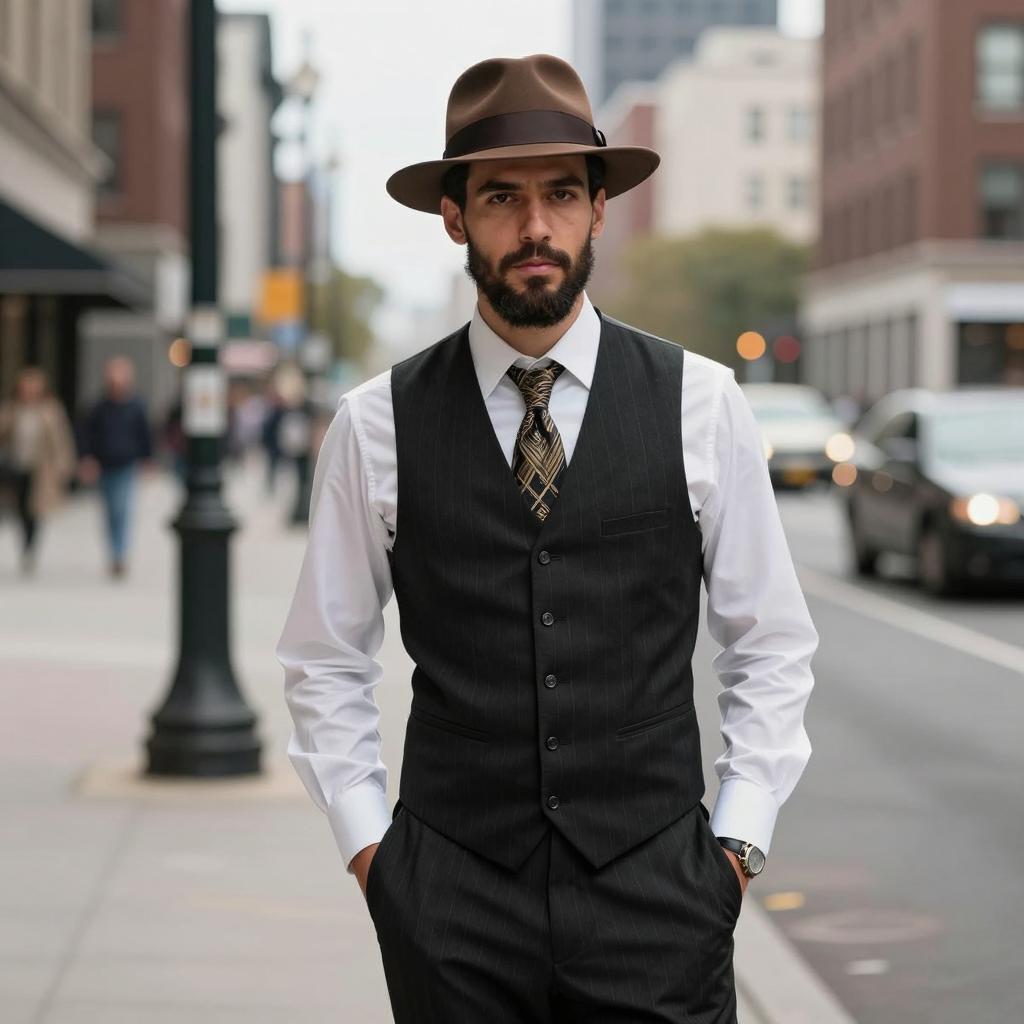 Stylish Man in Vintage Pinstripe Vest and Fedora on City Street