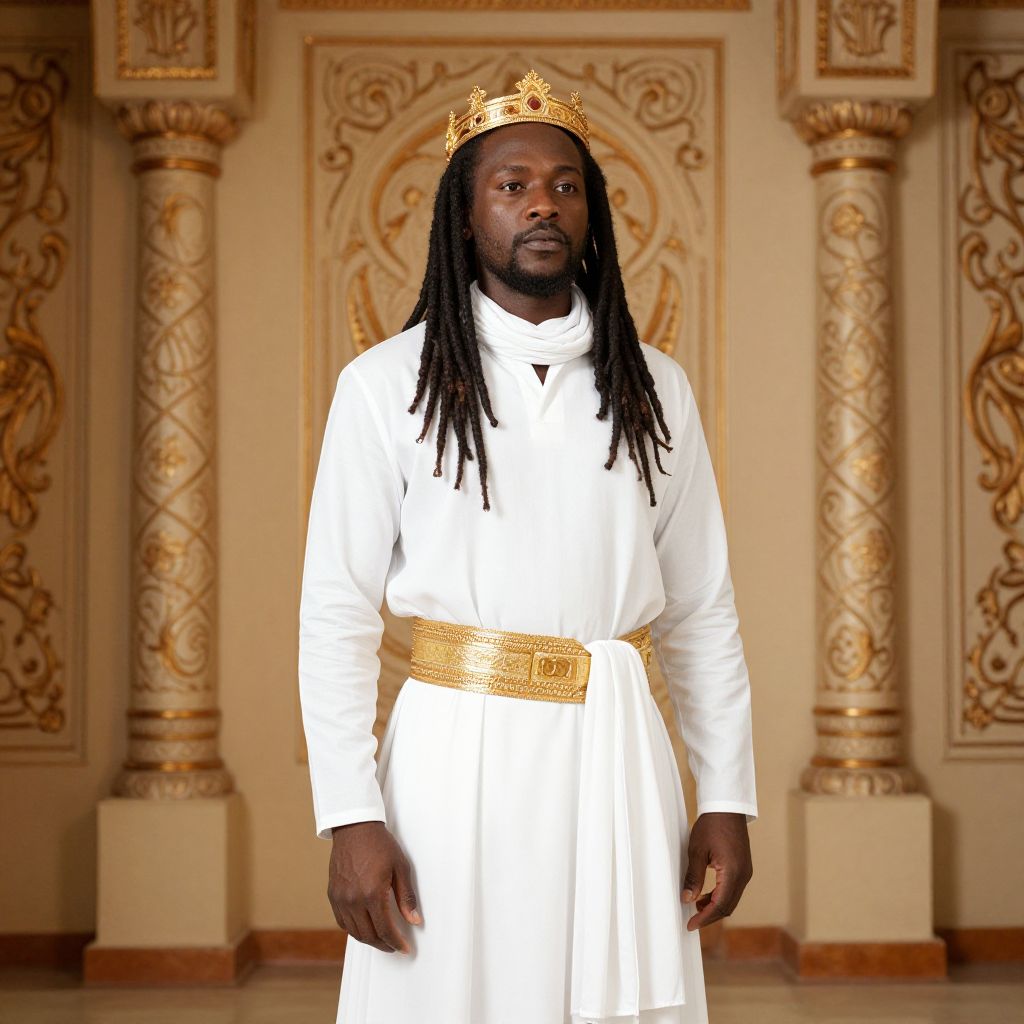 Regal Black Man Wearing Crown and White Robe with Gold Belt in Ornate Royal Interior