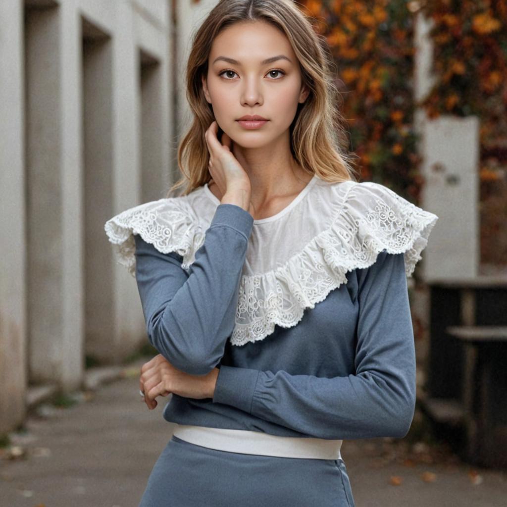 Vintage-Inspired Woman in Gray Blouse with Lace Collar