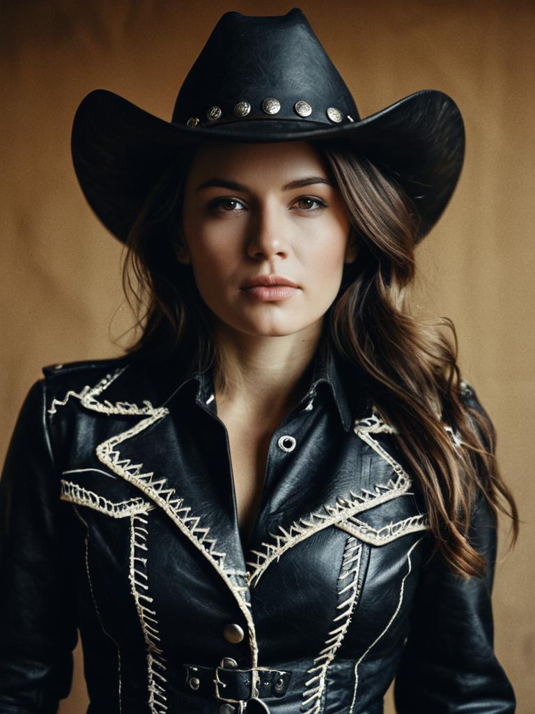 Woman in Leather Cowgirl Costume Cinematic Realism Detailed Portrait