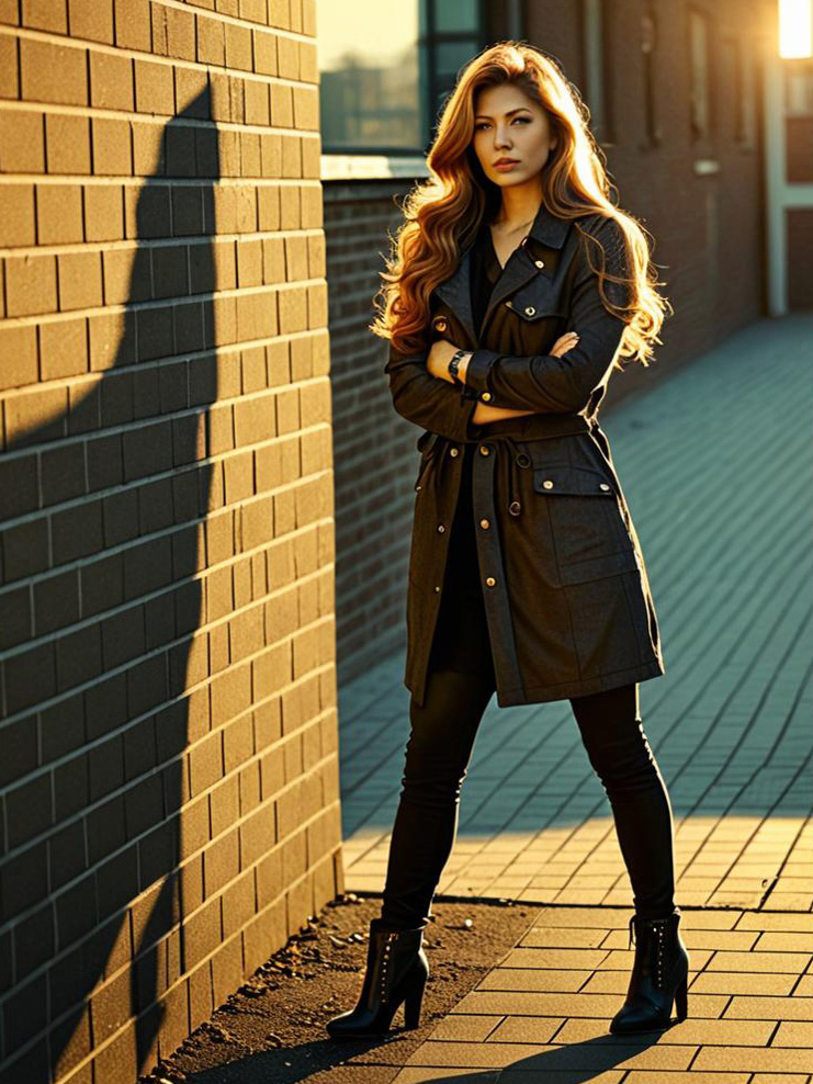 Confident Woman in Stylish Outfit Against Brick Wall