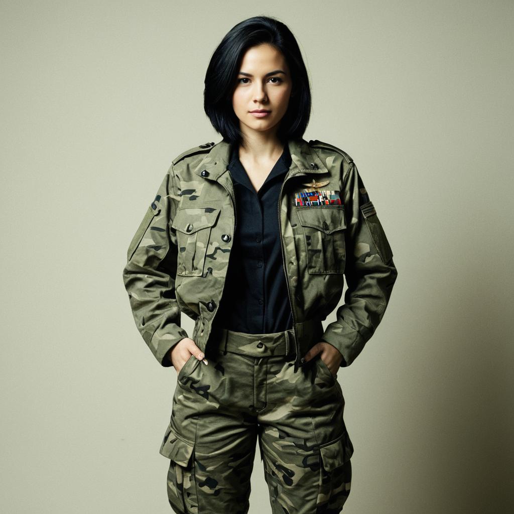 Confident Woman in Camouflage Jacket and Cargo Pants