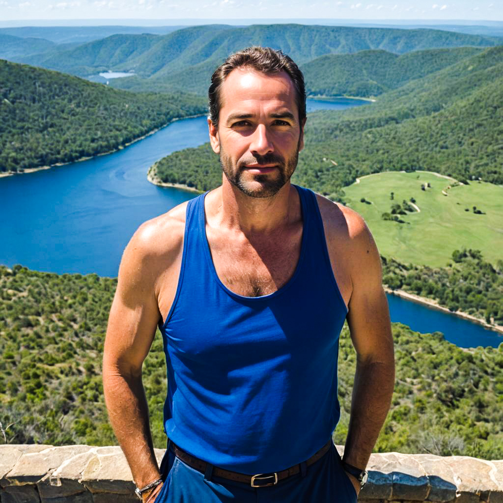 Confident man in nature with rolling hills and river