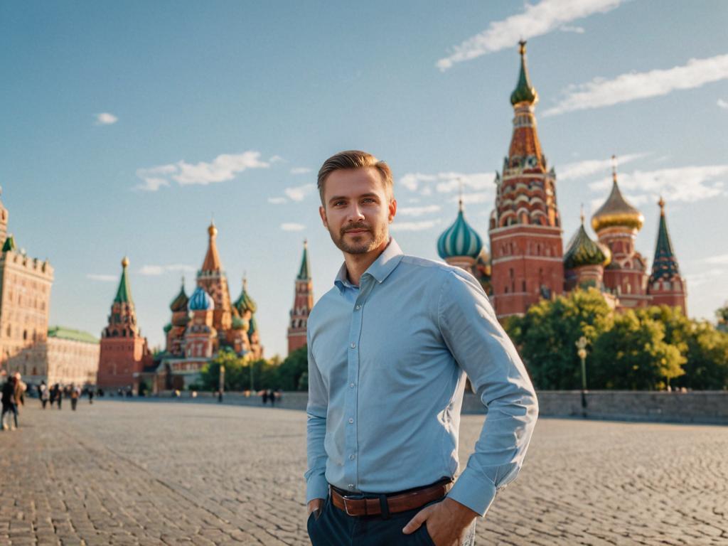 Confident Man in Front of Saint Basil's Cathedral