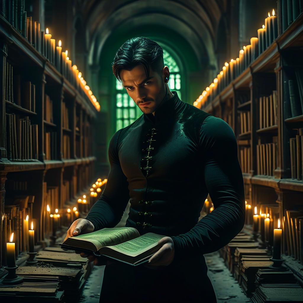Muscular Man Reading Ancient Book in Gothic Candlelit Library