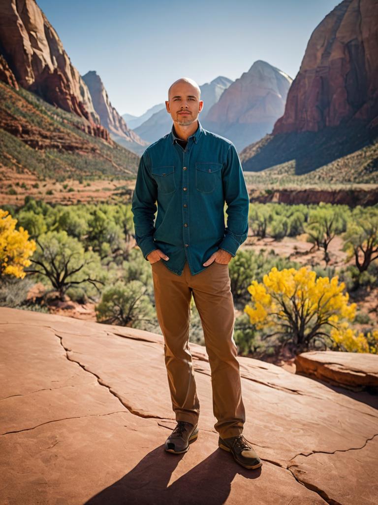 Man on Rocky Outcrop in Desert Landscape