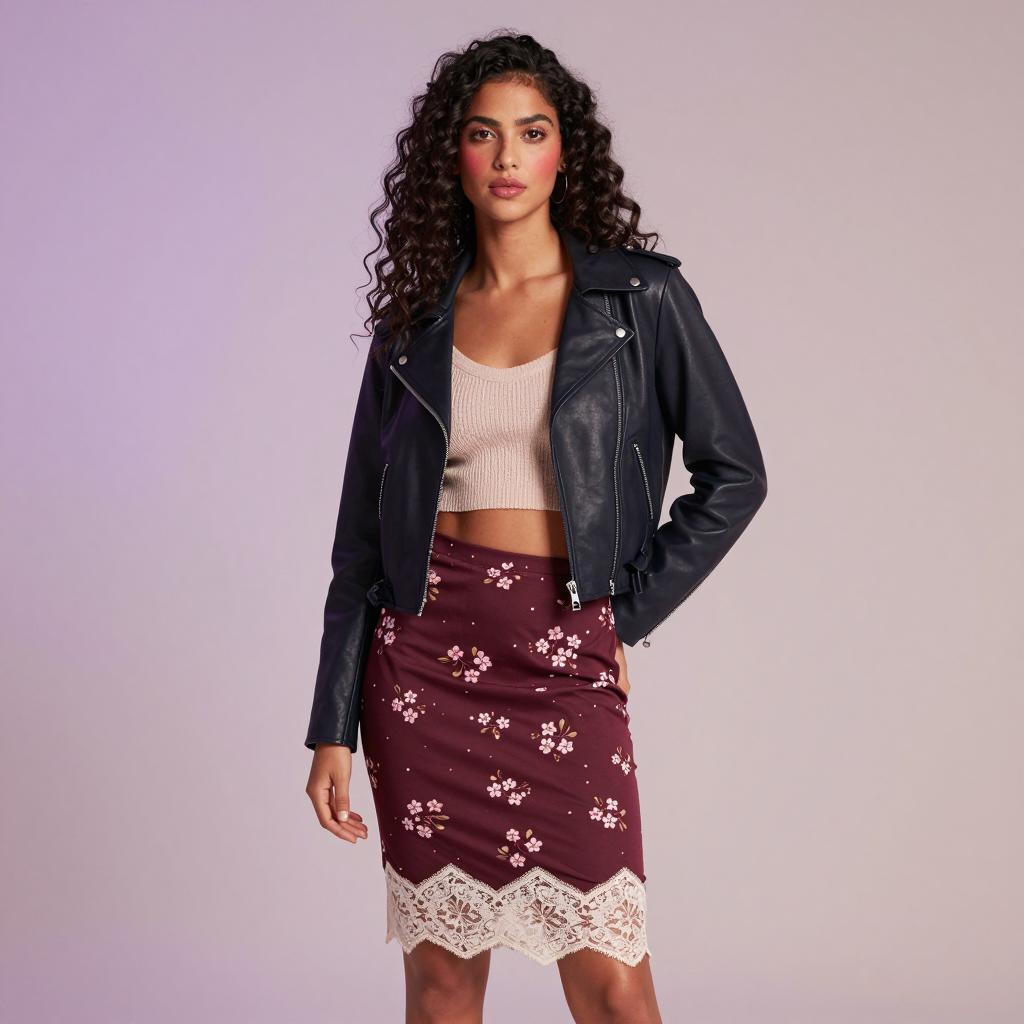 Fashionable Woman Wearing Black Leather Jacket and Floral Lace Trim Skirt
