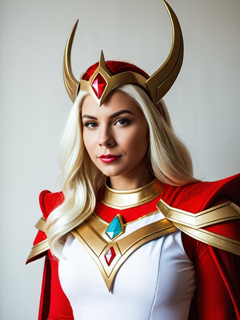 Woman in Realistic She-Ra Cosplay Costume with Gold and Red Armor