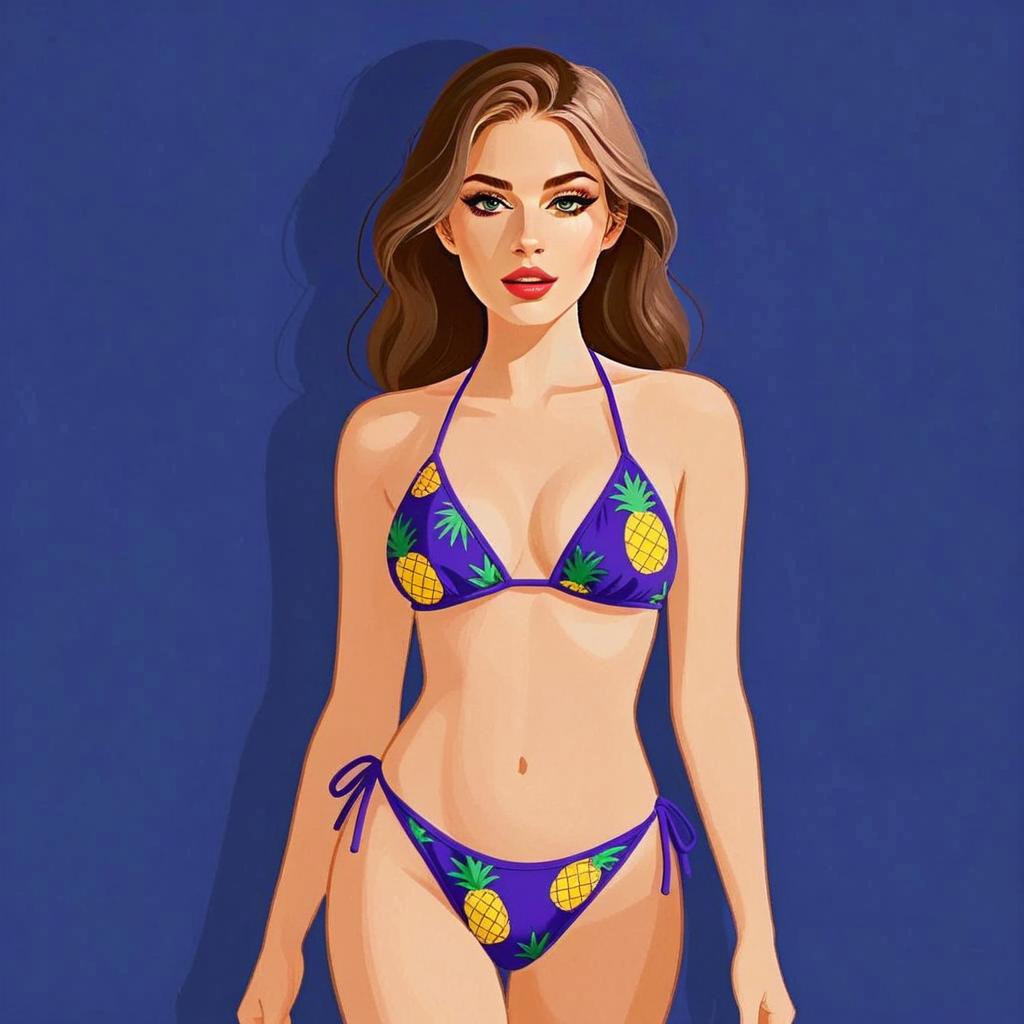 Woman in Tropical Pineapple Print Triangular Bikini Digital Illustration