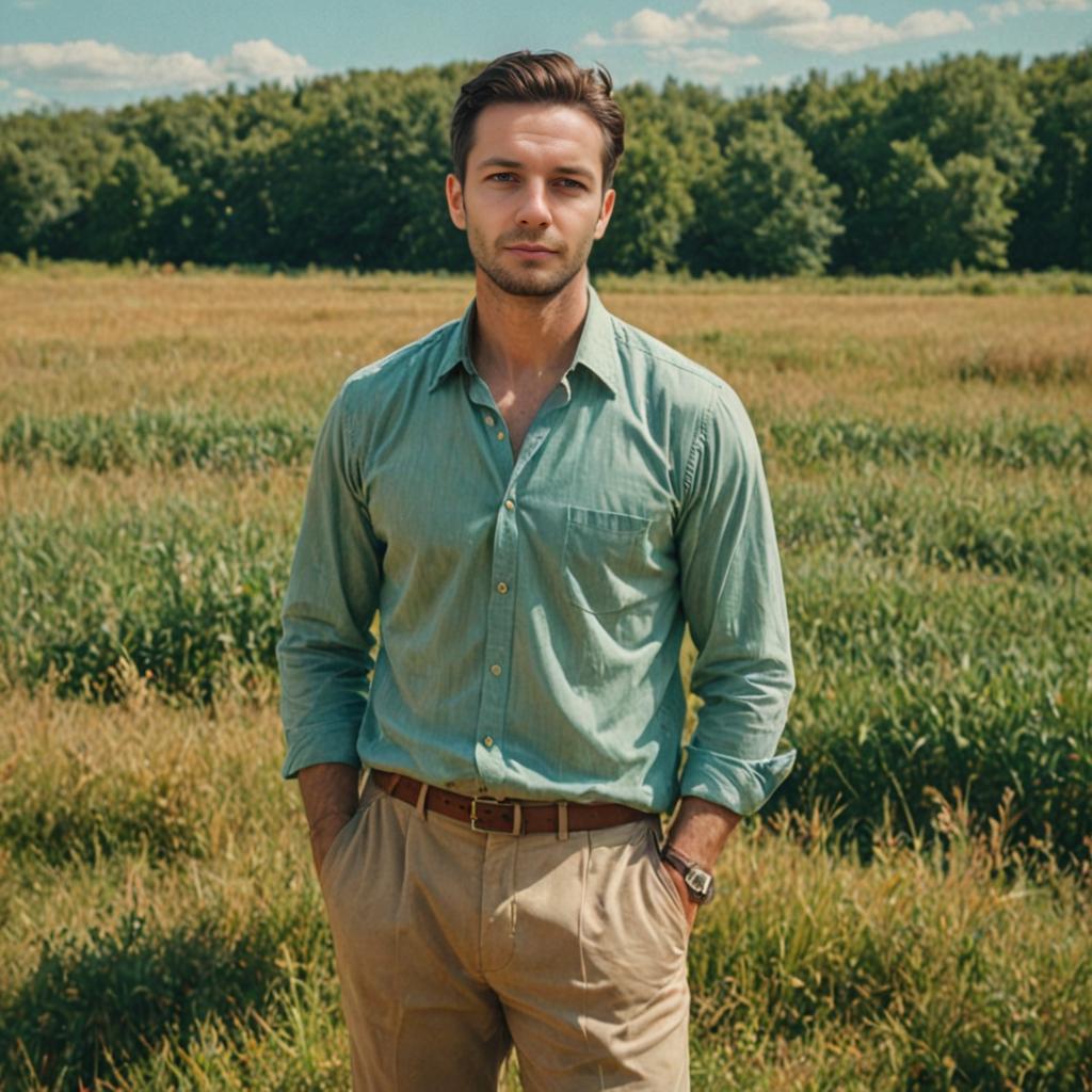 Confident Man in Grassy Field Under Sunny Sky