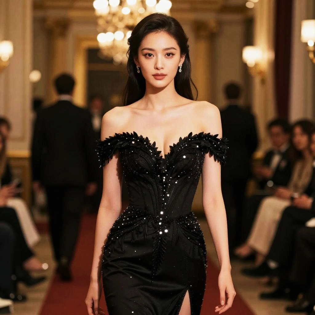 Elegant Woman in Black Off-Shoulder Beaded Gown on Fashion Runway