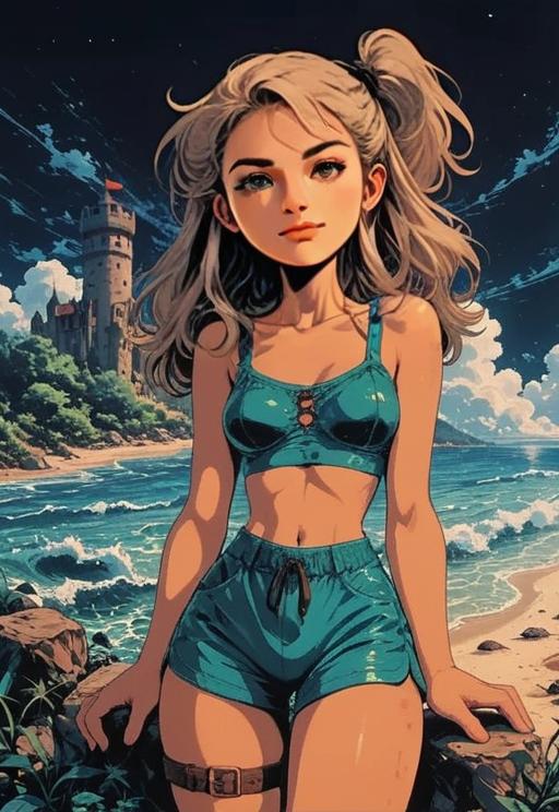 Anime Style Young Woman by Coastal Shore with Castle Background