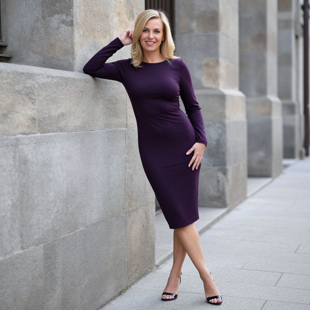 Confident Woman in Elegant Purple Dress Leaning Against Stone Wall