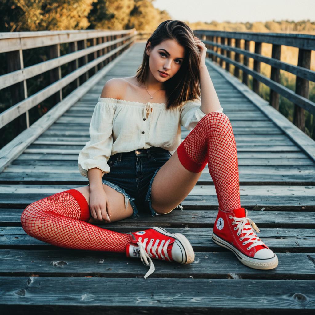 Young Woman in Red Fishnet Stockings and Sneakers Sitting on Wooden Bridge