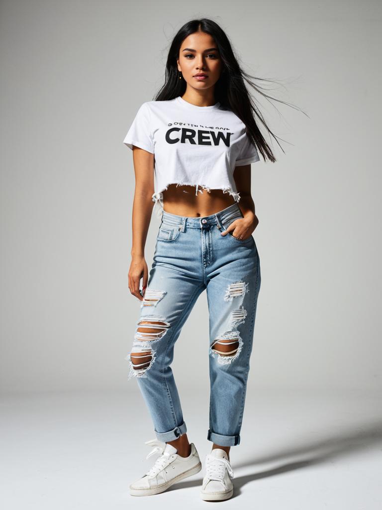 Woman in Casual Streetwear White Graphic T-Shirt and Ripped Jeans