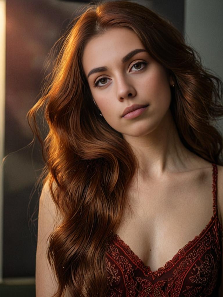 Woman with Long Auburn Hair in Red Lace Garment