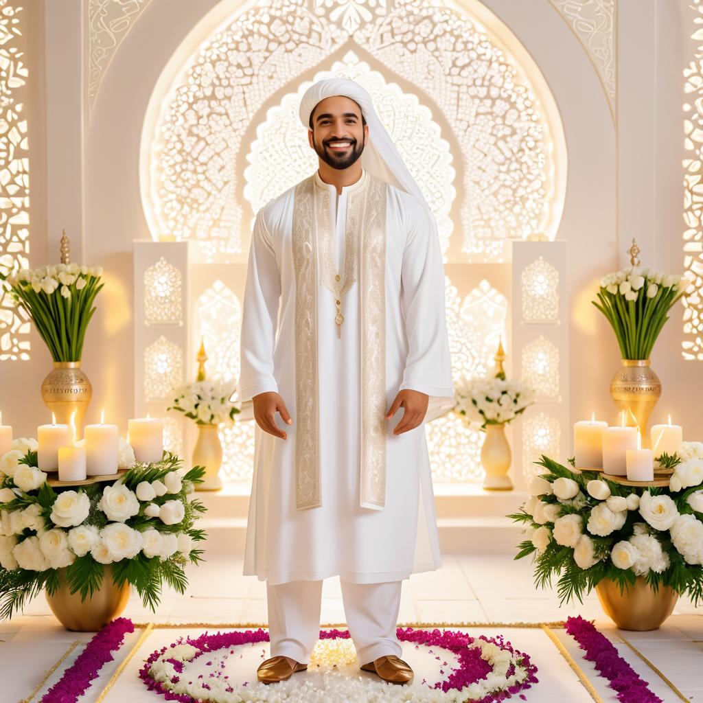 Joyful man in traditional outfit among flowers and candles