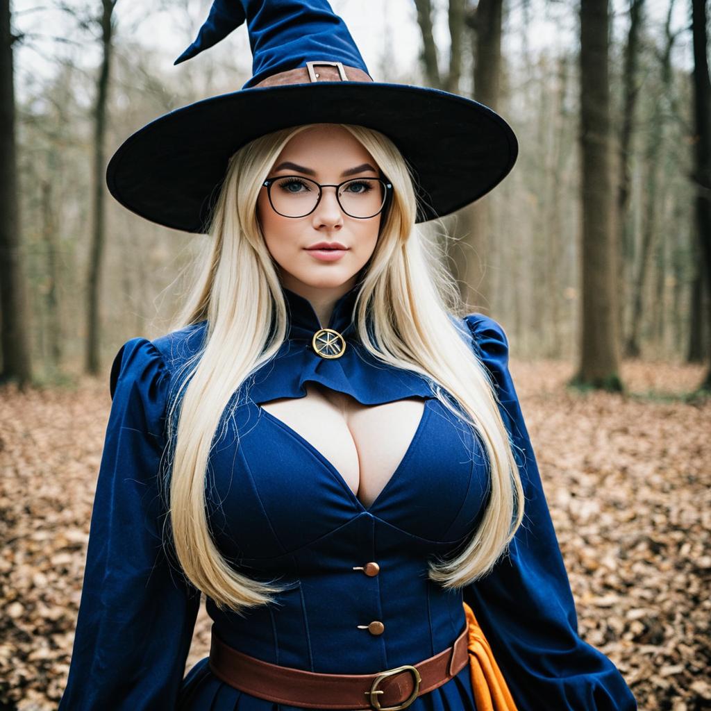 Woman in Blue Witch Costume with Glasses Posing in Autumn Forest