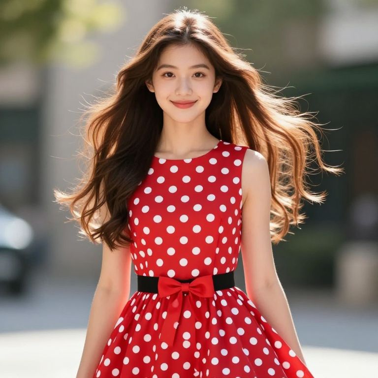 Young Woman in Red Polka Dot Dress with Black Waist Belt Standing Outdoors