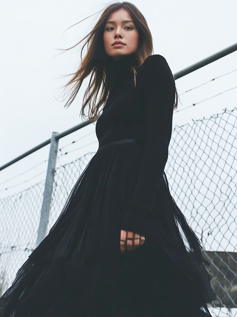 Elegant Woman in Black Dress Against Urban Fence