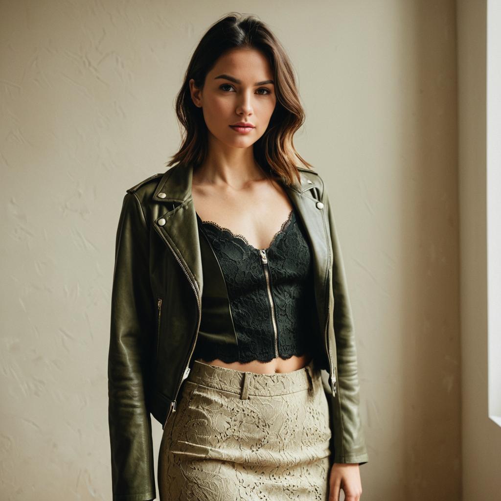 Confident Woman in Olive Leather Jacket and Lace Crop Top Fashion Portrait