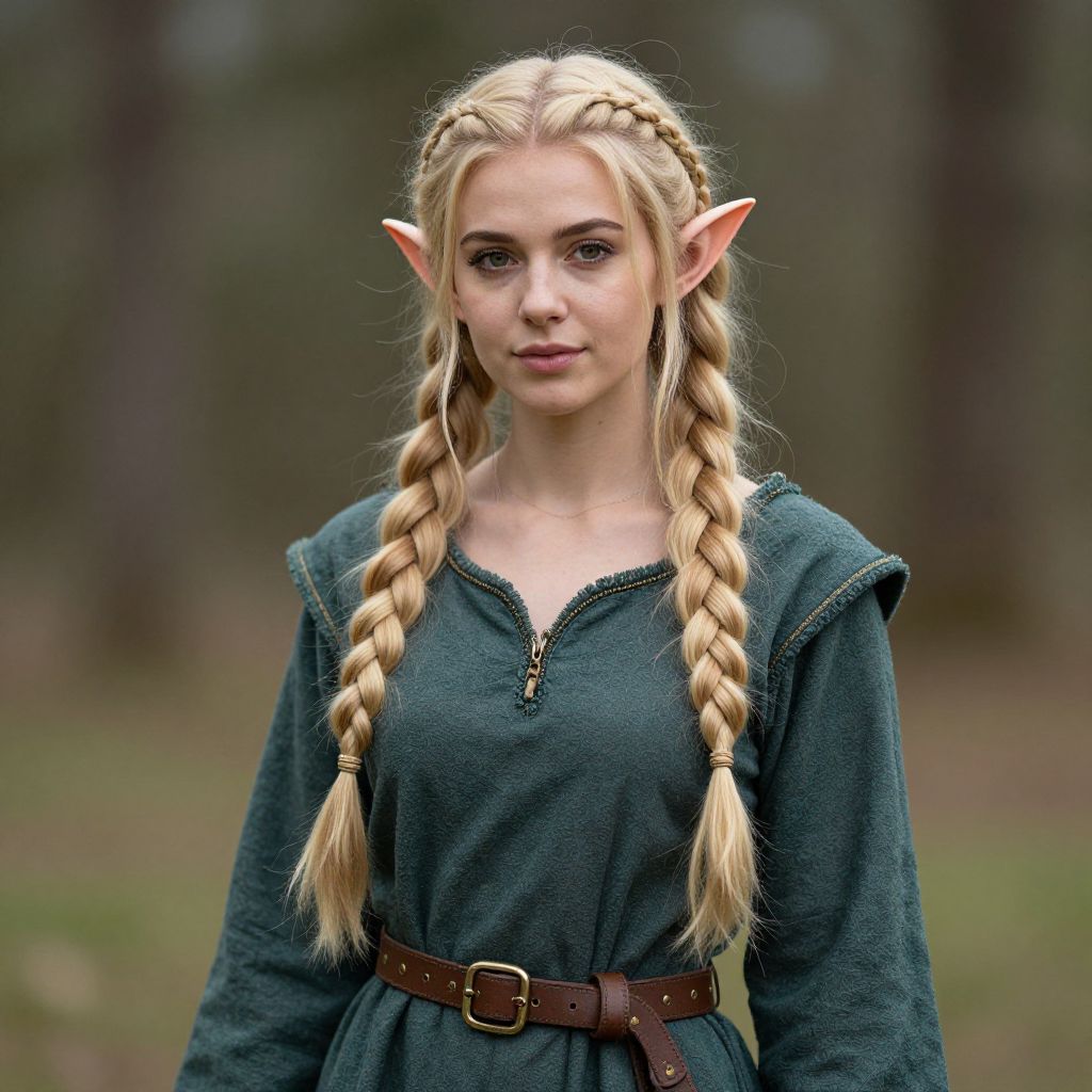 Fantasy Elf Woman in Medieval Green Tunic with Braided Hair