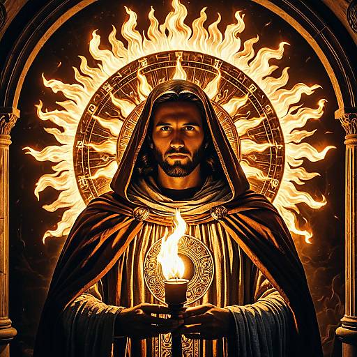 Mystical Hooded Man Holding Flame with Fiery Sun Halo