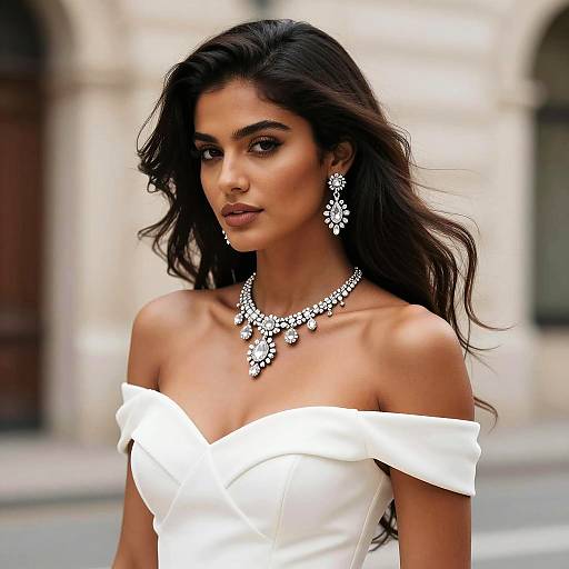 Elegant Woman in Off-Shoulder Dress with Statement Jewelry