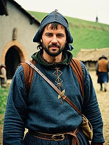 Medieval Peasant Man in Traditional Costume Outdoors